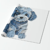 Schattige denim patchwork hondenillustratie cadeaupapier (Uitgerold)