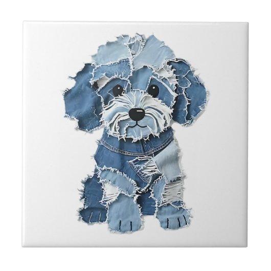 Schattige denim patchwork hondenillustratie tegeltje (Voorkant)