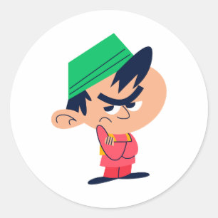 Schattige denkgeneigde jongen in groene hoed stick ronde sticker