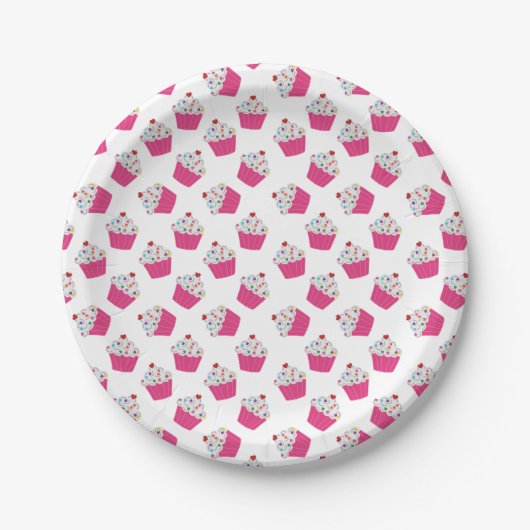 Schattige Dessert Helder Roze Cupcake Patroon Papieren Bordje (Voorkant)