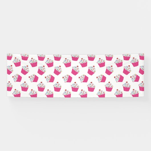 Schattige Dessert Helder Roze Cupcake Patroon Spandoek (Horizontaal)