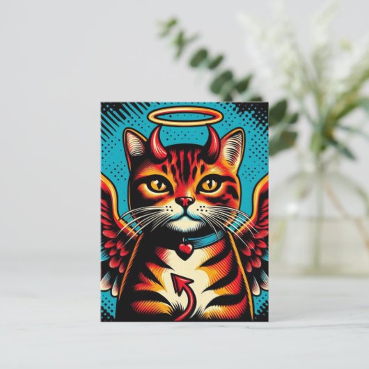 Schattige Devil Angel Kat met Wings Comic Book Sty Briefkaart (Staand voorkant)