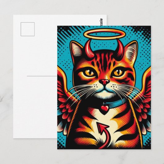 Schattige Devil Angel Kat met Wings Comic Book Sty Briefkaart (Voorkant / Achterkant)