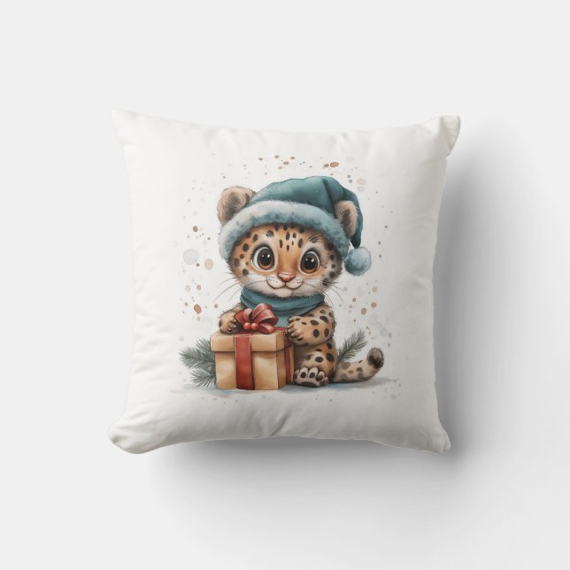Schattige Dier Baby Luipaard in Santa Hat w / Gift Kussen (Voorkant)