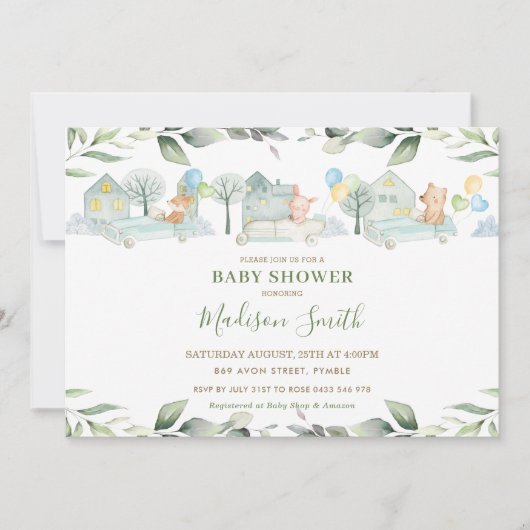 Schattige Dieren Auto's Groene Baby Shower Jongen Kaart (Voorkant)