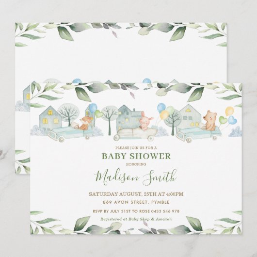 Schattige Dieren Auto's Groene Baby Shower Jongen Kaart (Voorkant / Achterkant)