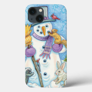 Schattige dieren bouwen een sneeuwman voor Kerstmi iPhone 13 Hoesje