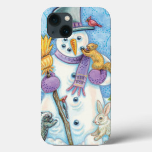 Schattige dieren bouwen een sneeuwman voor Kerstmi iPhone 13 Hoesje