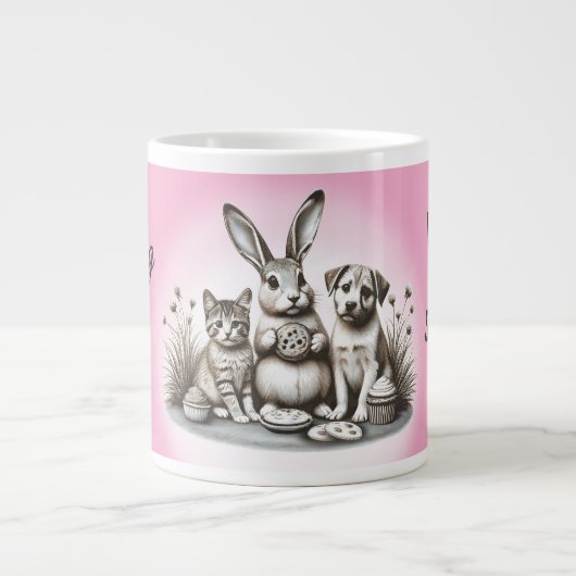 Schattige dieren die koekjes eten delen stelen mor grote koffiekop (Voorkant)