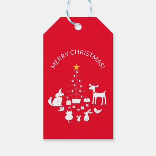 SCHATTIGE DIEREN DOOR CHRISTMAS TREE RED GIFT LABE CADEAULABEL (Voorkant)