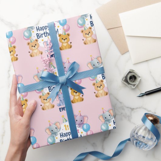 Schattige dieren Happy 1st Birthday Paper Bord Cadeaupapier (Geschenken)