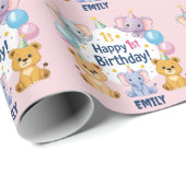 Schattige dieren Happy 1st Birthday Paper Bord Cadeaupapier (Rol Hoek)