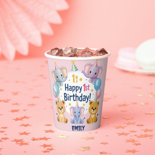 Schattige dieren Happy 1st Birthday Paper Bord Papieren Bekers (Insitu)