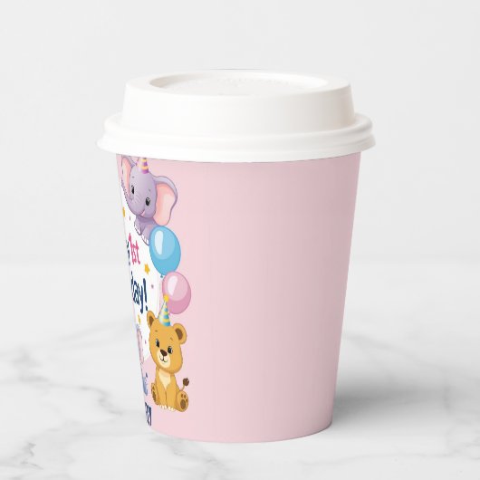 Schattige dieren Happy 1st Birthday Paper Bord Papieren Bekers (Links)