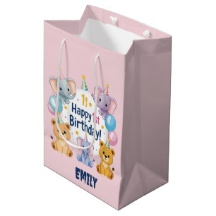 Schattige dieren Happy 1st Verjaardag Gift Bag Medium Cadeauzakje