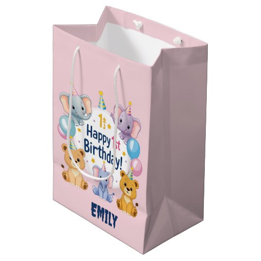 Schattige dieren Happy 1st Verjaardag Gift Bag Medium Cadeauzakje (Voorkant Gekanteld)