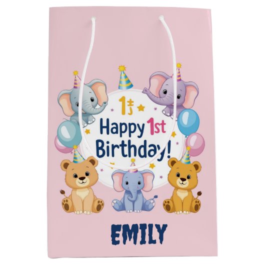 Schattige dieren Happy 1st Verjaardag Gift Bag Medium Cadeauzakje (Voorkant)