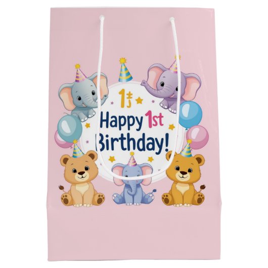 Schattige dieren Happy 1st Verjaardag Gift Bag Medium Cadeauzakje (Achterkant)