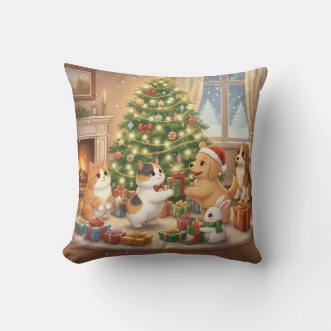 Schattige Dieren Kerstpatroon Verwisselen Cadeaus Kussen (Voorkant)