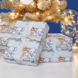 Schattige Dieren Olifant Giraffe Koala Blauw Op Ma Cadeaupapier