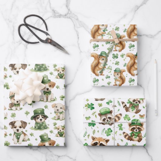 Schattige dieren Shamrock Green St. Patrick's Day Inpakpapier Vel (Voorkant)