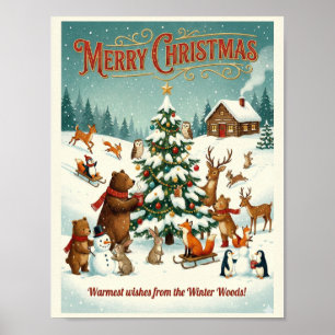 Schattige dieren vieren Kerstmis in de sneeuw Poster