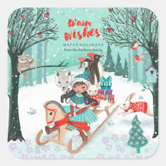 Schattige dieren Winter Wonder Woodland Forest Vierkante Sticker (Voorkant)