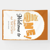 Schattige dikke oranje kat 1e verjaardag welkom spandoek (Horizontaal)