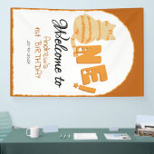 Schattige dikke oranje kat 1e verjaardag welkom spandoek (Beurs)