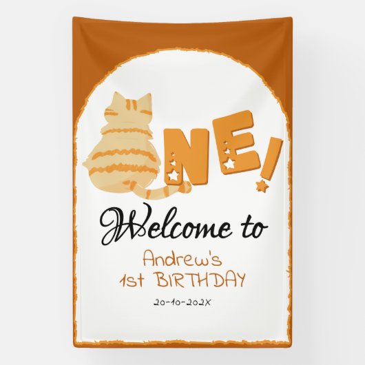 Schattige dikke oranje kat 1e verjaardag welkom spandoek (Verticaal)
