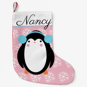 Schattige dikke pinguïn met sneeuwvlokken kleine kerstsok