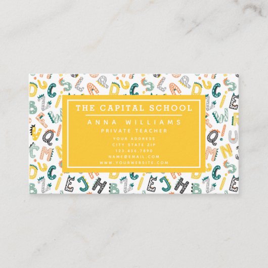 Schattige Dino alfabet - Docent | Privédocent Visitekaartje (Voorkant)