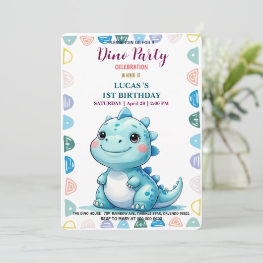 Schattige DIno Baby Dinosaurussen 1e Verjaardag fe Save The Date (Staand voorkant)