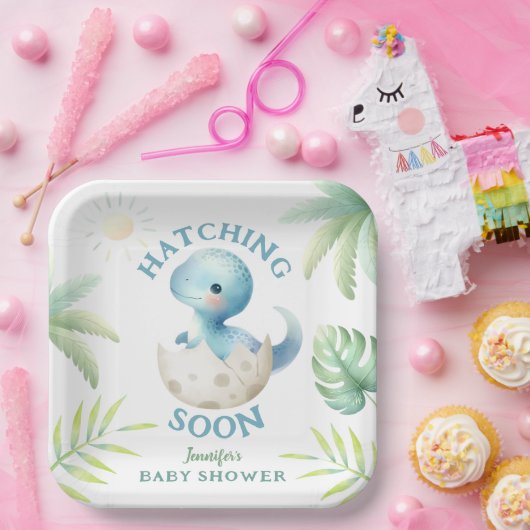 Schattige Dino Boy Dinosaurus Baby shower Papieren Bordje (Feest)