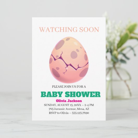 Schattige Dino Egg Hatching Baby shower Uitnodigin Kaart (Staand voorkant)