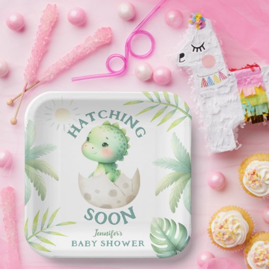 Schattige Dino Gender Neutral Dinosaur Baby shower Papieren Bordje (Feest)