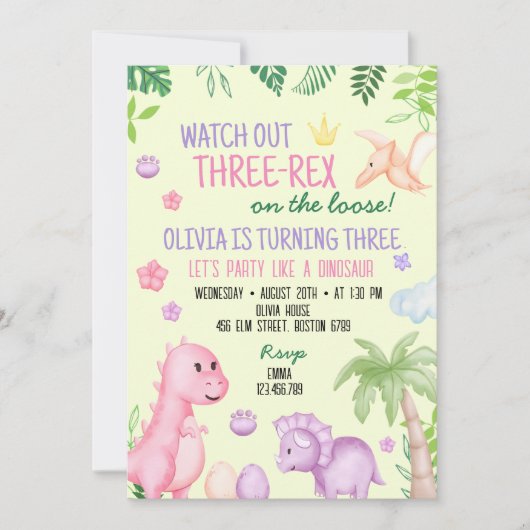 Schattige Dino Meisje Verjaardagsfeestje Kaart (Voorkant)