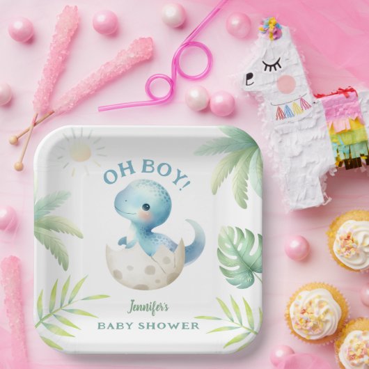 Schattige Dino Oh Boy Dinosaur Baby shower Papieren Bordje (Feest)