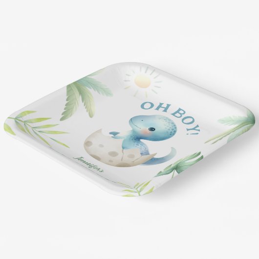 Schattige Dino Oh Boy Dinosaur Baby shower Papieren Bordje (Gebogen)