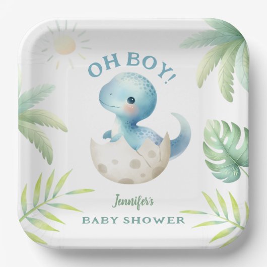 Schattige Dino Oh Boy Dinosaur Baby shower Papieren Bordje (Voorkant)