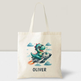 Schattige Dino Trex Pilot Flying Jet Vliegtuig Tote Bag