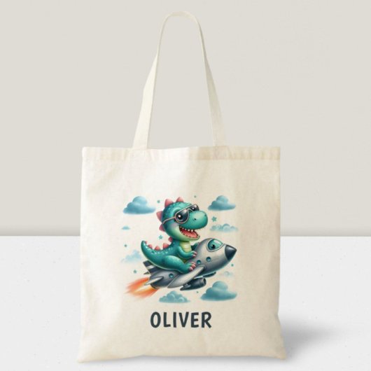 Schattige Dino Trex Pilot Flying Jet Vliegtuig Tote Bag