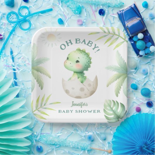 Schattige Dino Tropical Dinosaur Baby shower Papieren Bordje (Feest)