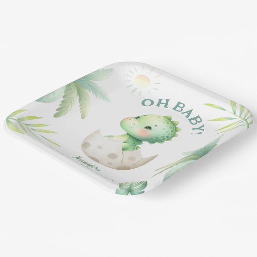 Schattige Dino Tropical Dinosaur Baby shower Papieren Bordje (Gebogen)