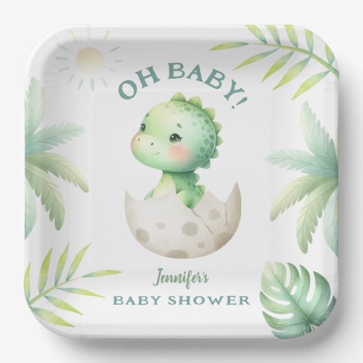 Schattige Dino Tropical Dinosaur Baby shower Papieren Bordje (Voorkant)