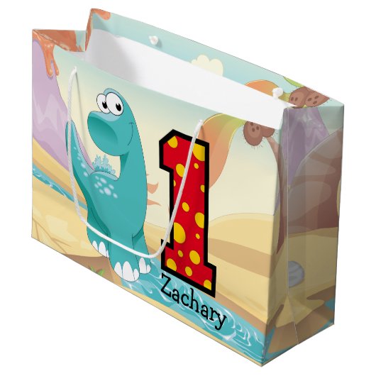 Schattige Dinosaur 1st Birthday Party Custom Groot Cadeauzakje (Voorkant Gekanteld)