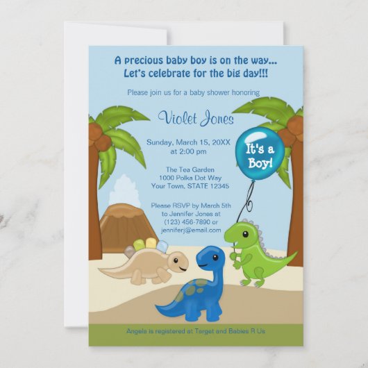 Schattige Dinosaur Baby Shower Invitations Boy Kaart (Voorkant)