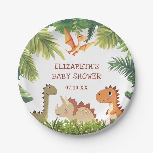 Schattige Dinosaur Greenery Baby shower Papieren Bordje (Voorkant)