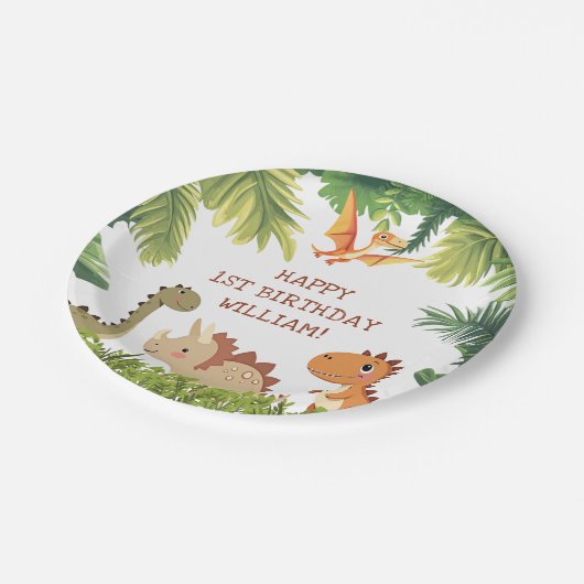 Schattige Dinosaur Greenery Verjaardagsfeest Papieren Bordje (Gekanteld)