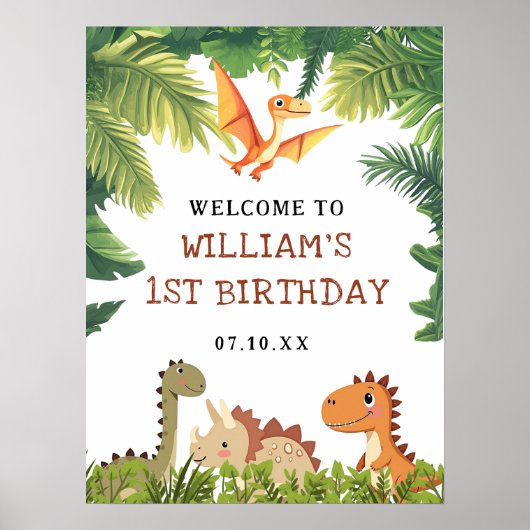 Schattige Dinosaur Greenery Verjaardagsfeest Welko Poster (Voorkant)